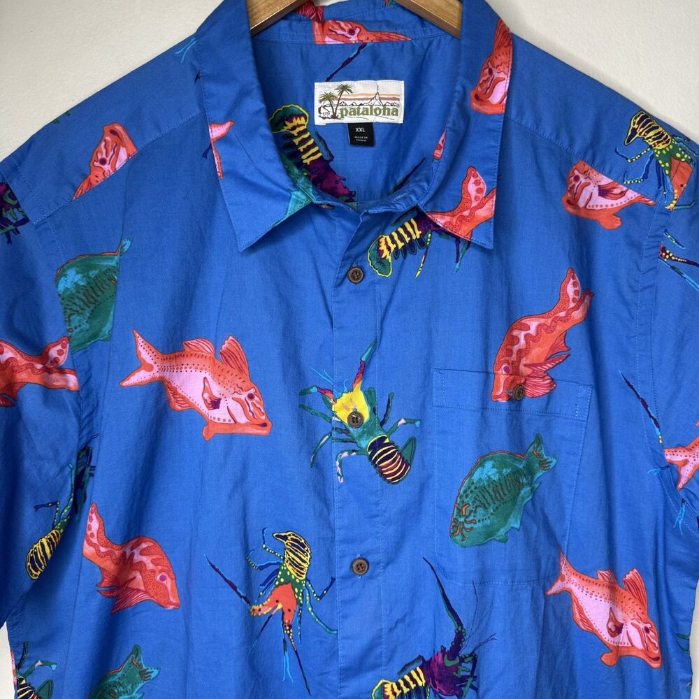Patagonia Pataloha Shirt Mens XXL Lobster Fish Sea Harvest Blue Hawaiian Camp - Picture 2 of 10